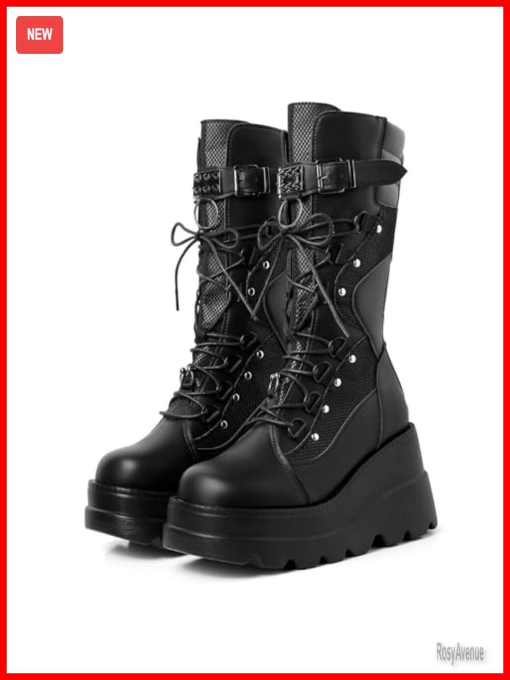 Platform Combat Boots - Vegan PU Leather Mid-Calf Goth Boots for Women